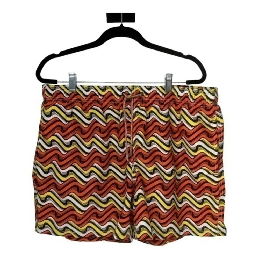 Bugatchi Fire Orange Graphic Print Drawstring Lined Swim Trunk Shorts Sz XXL NWT